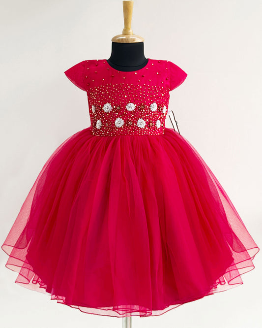 "Ruby red sequence embroidery party frock, baby girls birthday dress, elegant party dress"

