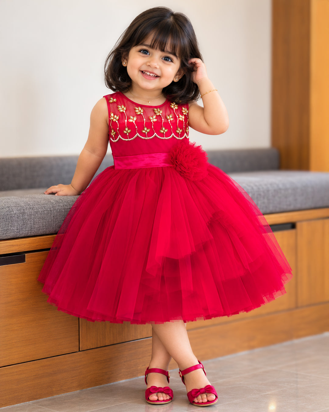 Ruby Red Handwork Embroidery Partywear Frock for Baby Girl – Stanwells Kids