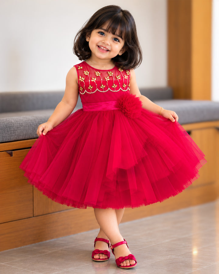 Baby Girl Ruby Red Flared Party Frock with Sequin Embroidery – Stanwells Kids