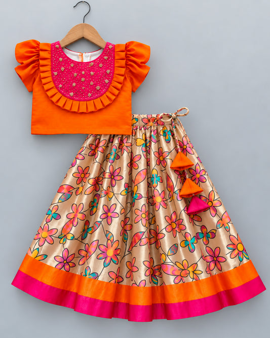 Sandal Banarasi Silk Lehenga Golden Bead Handwork Yoke – Stanwells Kids
