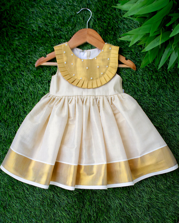 Sandal gold Onam special traditional Kerala frock for baby girl – front view, Stanwells Kids
