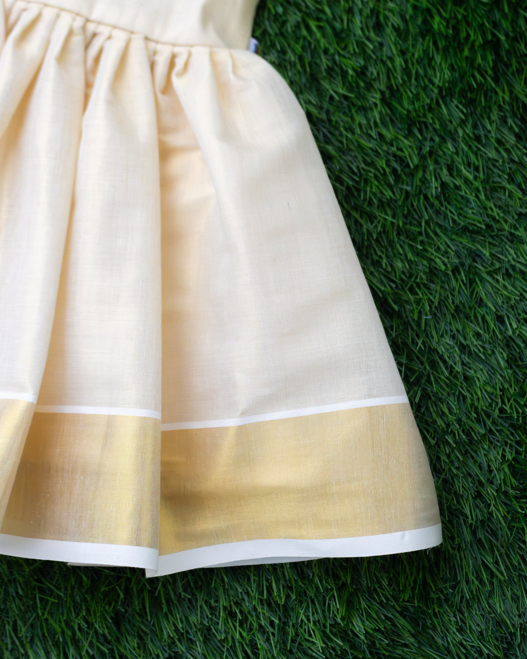 Red golden floral centre detail on sandal Kerala traditional Onam frock – Stanwells Kids