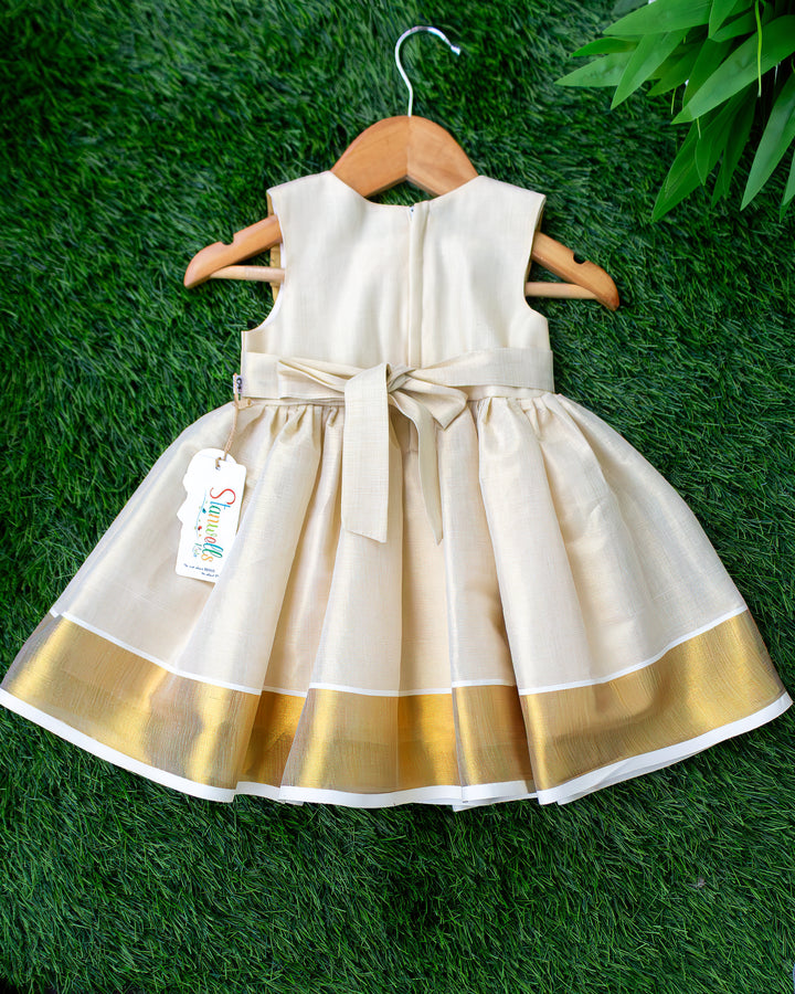 Sandal gold Onam Kerala handloom frock full look for baby girl – Stanwells Kids
