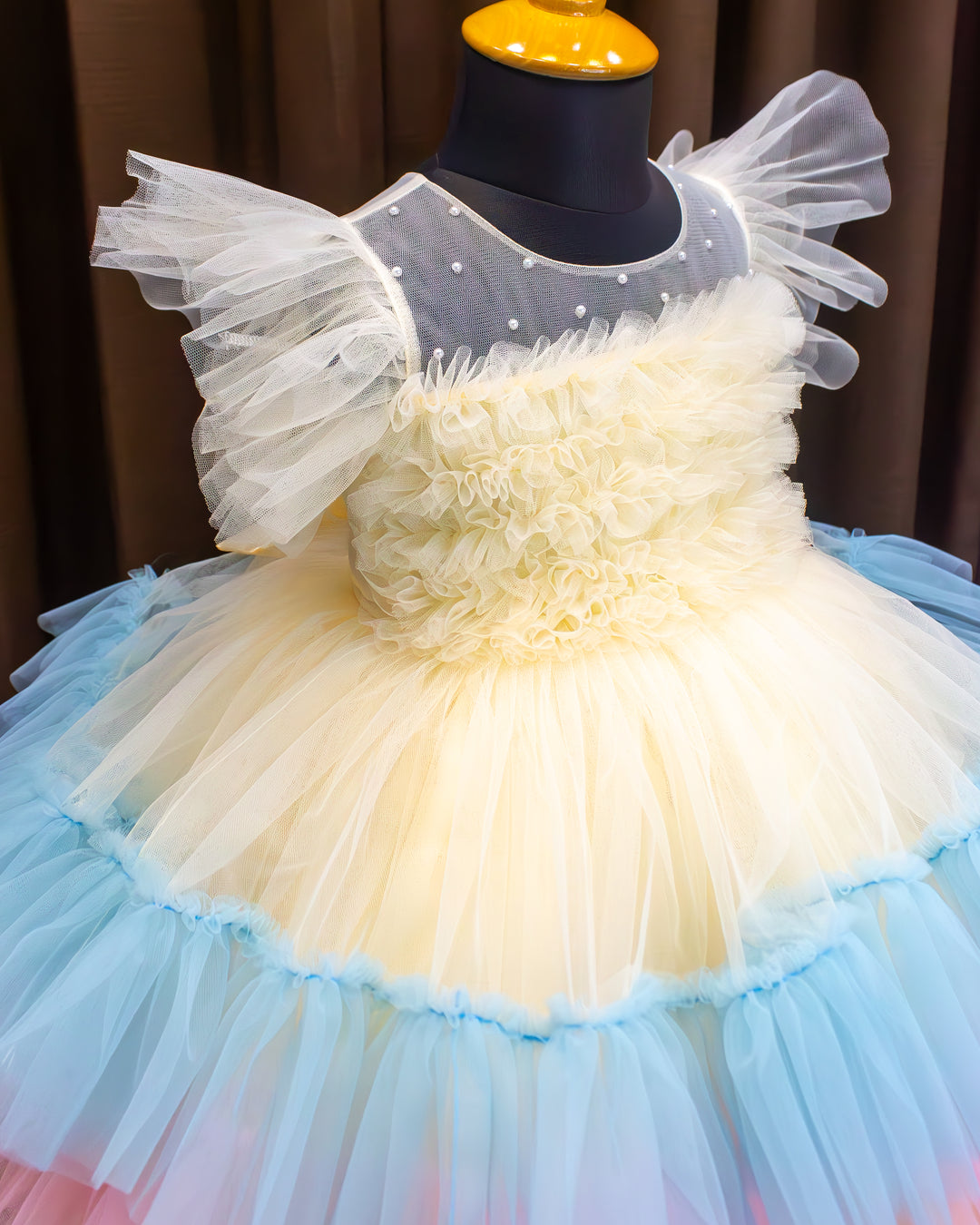 Sandal multi shade baby girl birthday dress with layered ruffles premium partywear frock for first birthday celebration photoshoot outfit