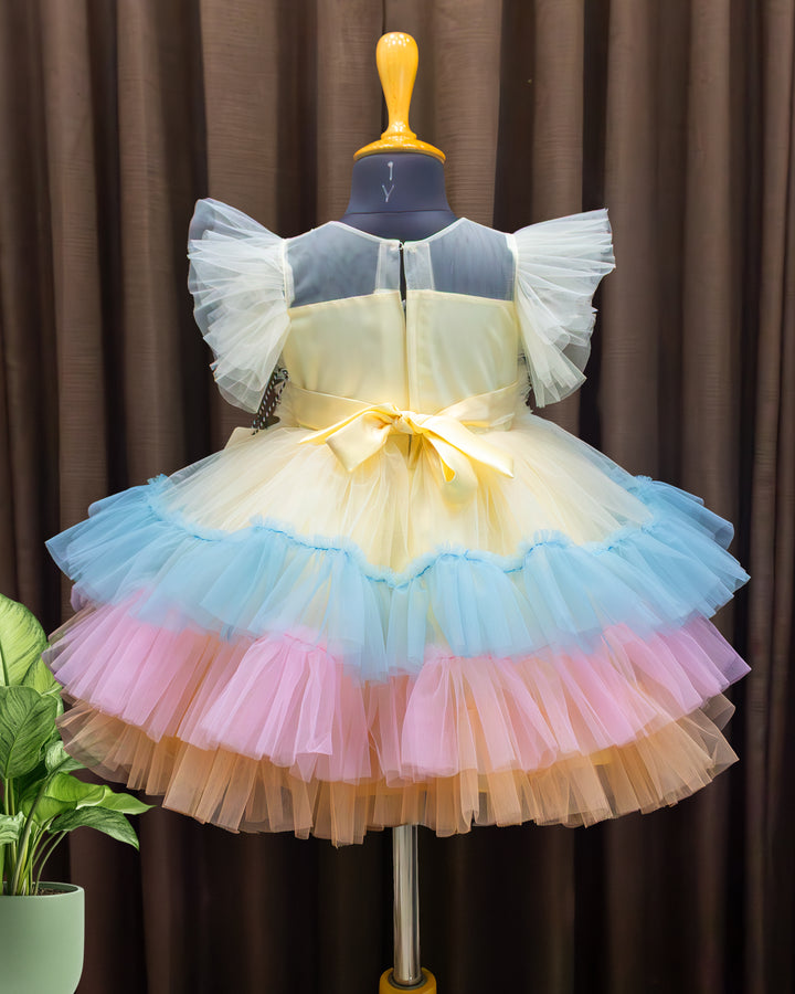 Sandal multi shade baby girl birthday dress with layered ruffles premium partywear frock for first birthday celebration photoshoot outfit