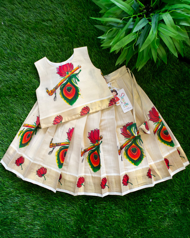 Sandal shade lotus printed Kerala floral traditional lehenga choli for baby girl – front view, Stanwells Kids