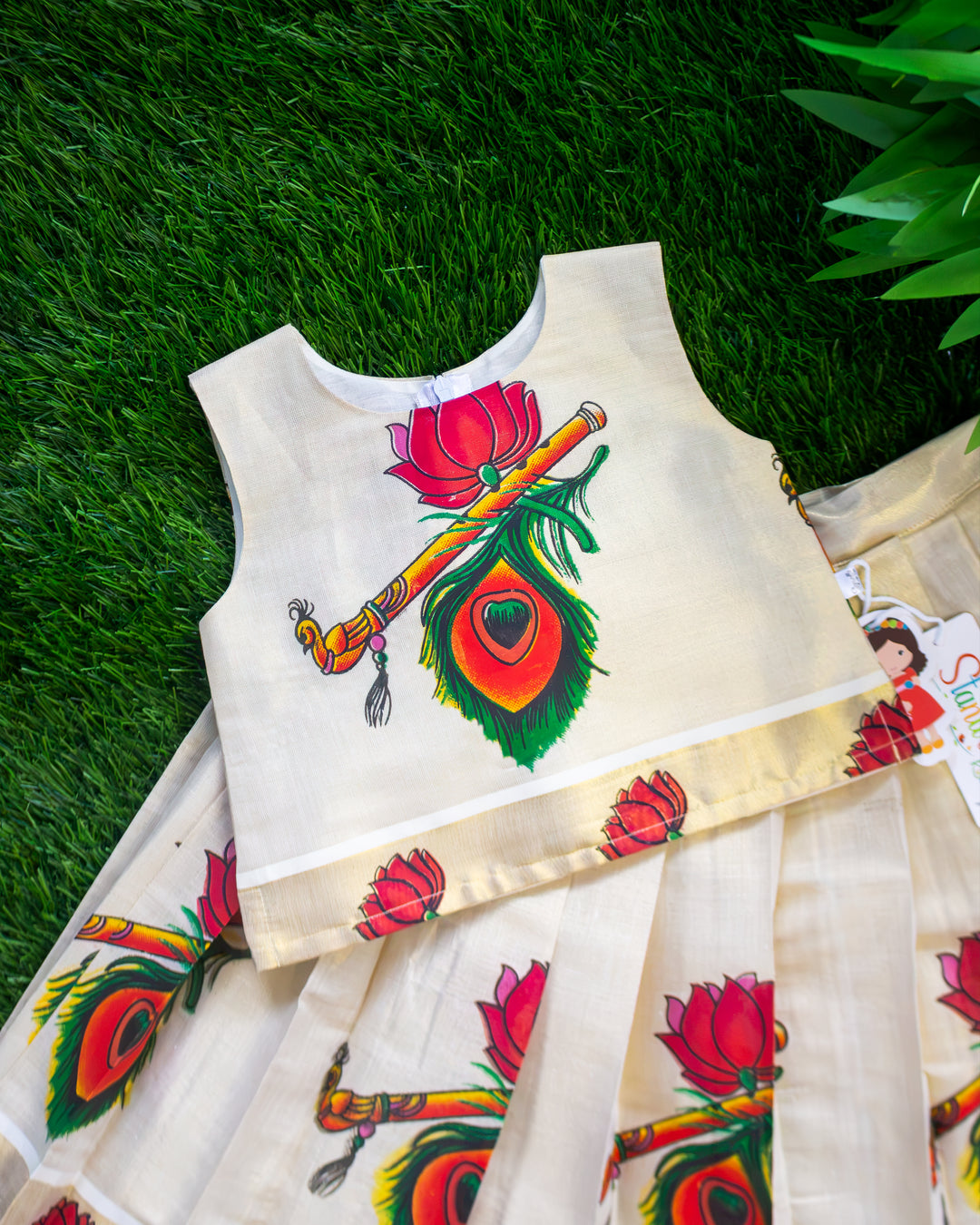 Lotus print and golden base detail on sandal Kerala traditional lehenga choli – Stanwells Kids