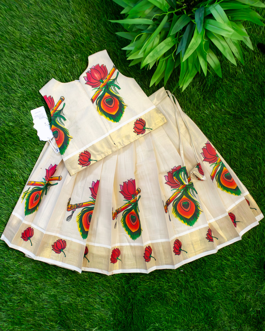 Traditional Onam sandal lotus print Kerala lehenga choli for girls 3 months to 7 years – Stanwells Kids