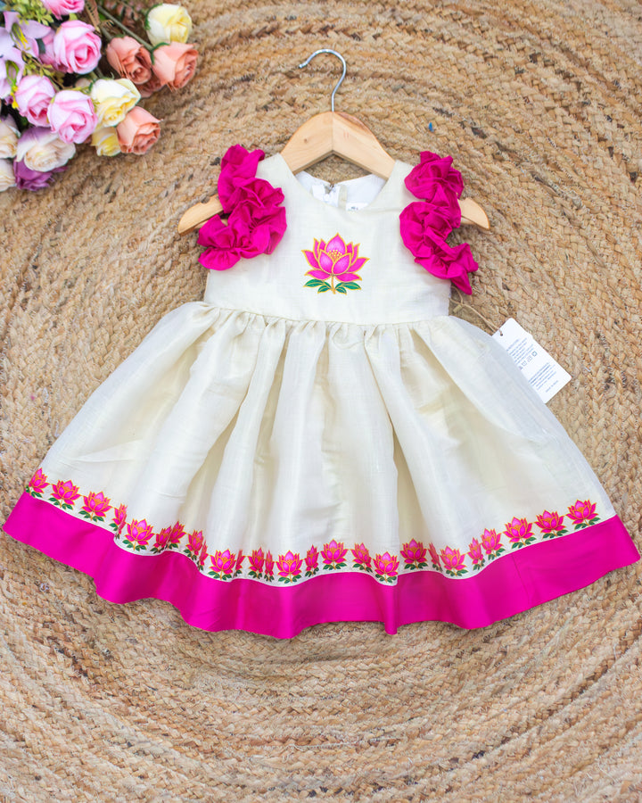 Golden Tissue Traditional Frock with Lotus Print Yoke – Stanwells Kids