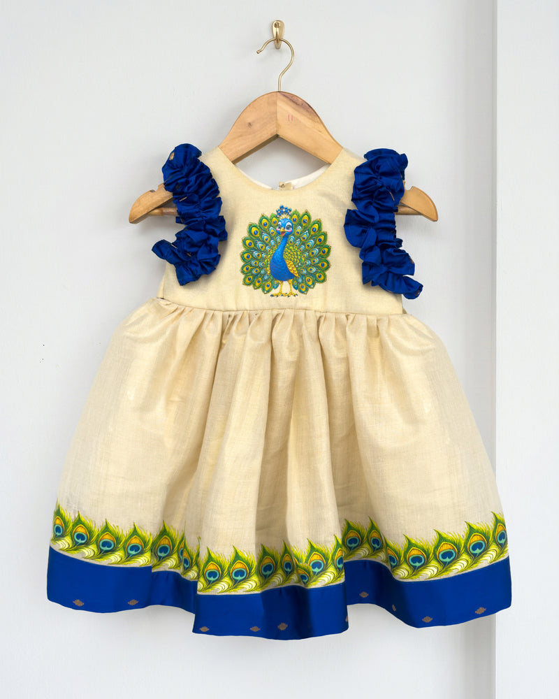 Sandal Shade Peacock Print Onam Special Traditional Frock for Baby Girl – Stanwells Kids