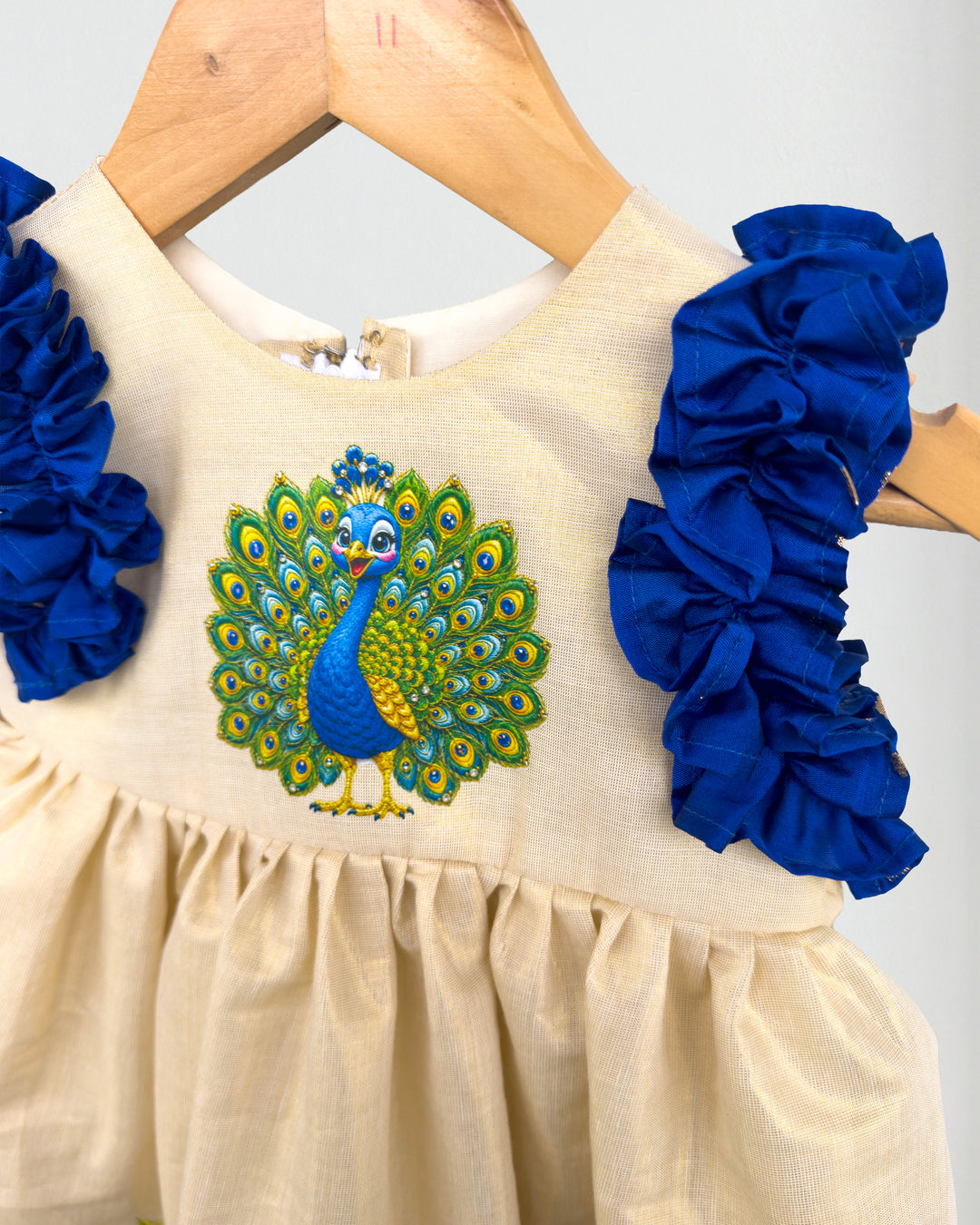Peacock print yoke detail on sandal shade Onam traditional frock – Stanwells Kids