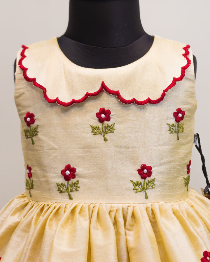Sandal shade silk frock, rose thread embroidery dress, baby girls birthday dress, party wear frock for kids, premium kids fashion India, Stanwells Kids