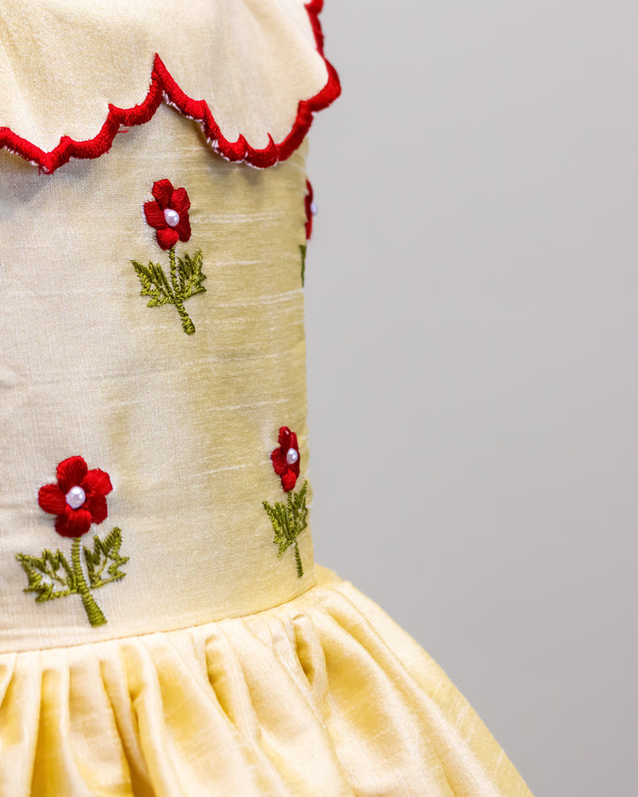 Sandal shade silk frock, rose thread embroidery dress, baby girls birthday dress, party wear frock for kids, premium kids fashion India, Stanwells Kids