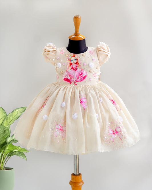 Sandal soft organza princess theme partywear birthday frock for baby girl – front view, Stanwells Kids