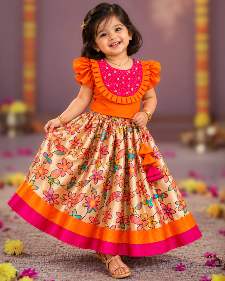 Sandal Banarasi Silk Lehenga Golden Bead Handwork Yoke – Stanwells Kids