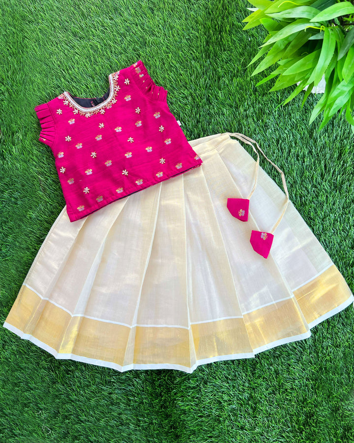 Baby girls sandal and magenta silk lehenga – Kerala Kasavu birthday dress

