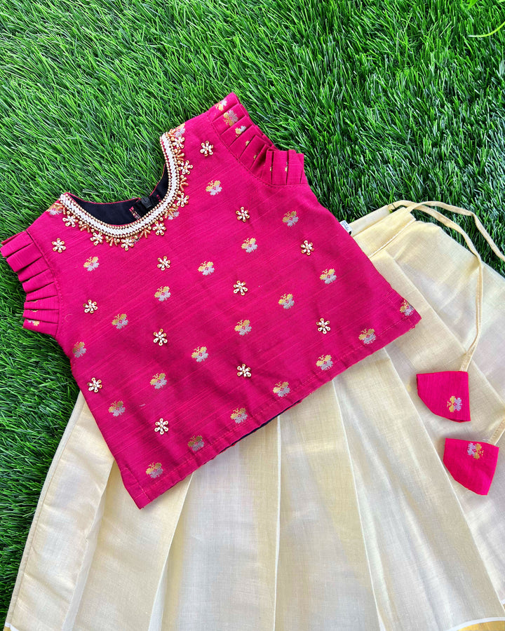 Baby girls sandal and magenta silk lehenga – Kerala Kasavu birthday dress

