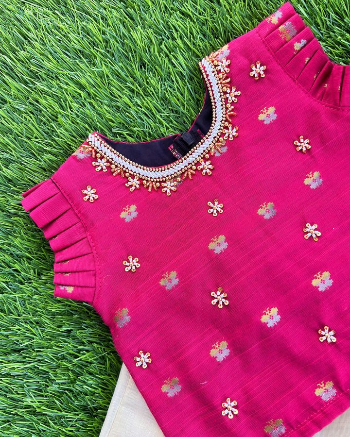 Baby girls sandal and magenta silk lehenga – Kerala Kasavu birthday dress

