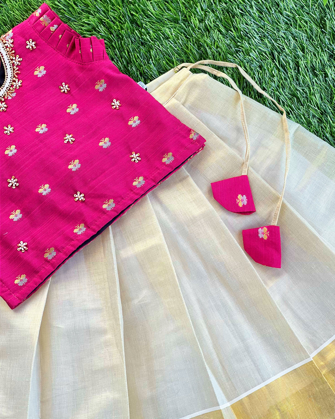 Baby girls sandal and magenta silk lehenga – Kerala Kasavu birthday dress

