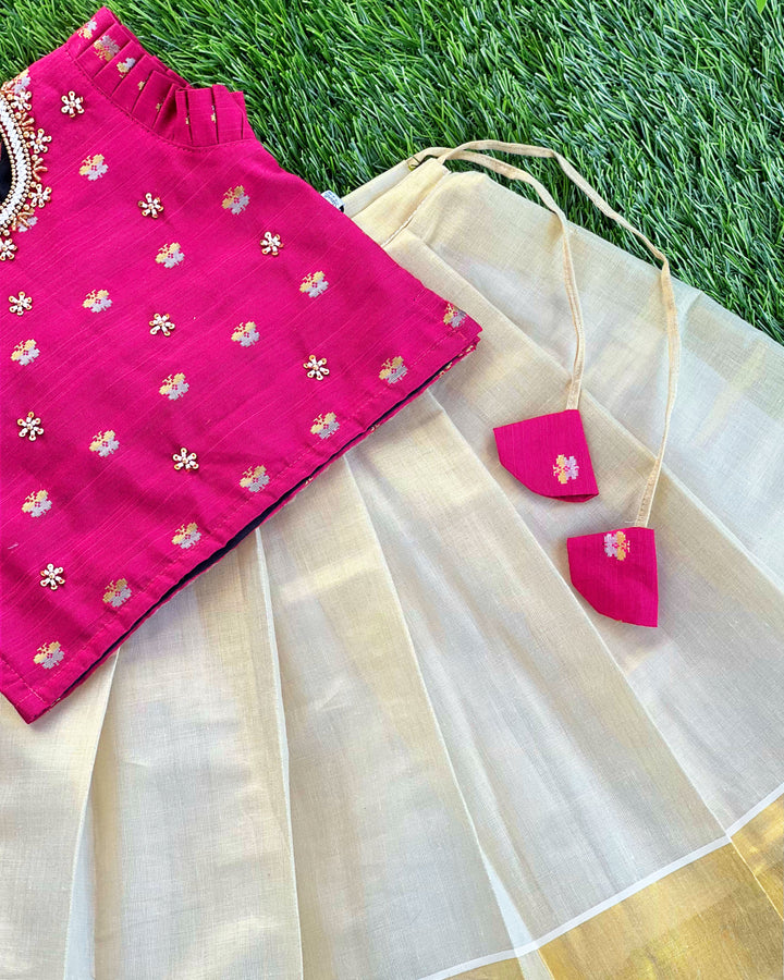 Baby girls sandal and magenta silk lehenga – Kerala Kasavu birthday dress

