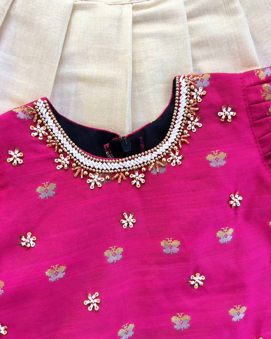 Baby girls sandal and magenta silk lehenga – Kerala Kasavu birthday dress

