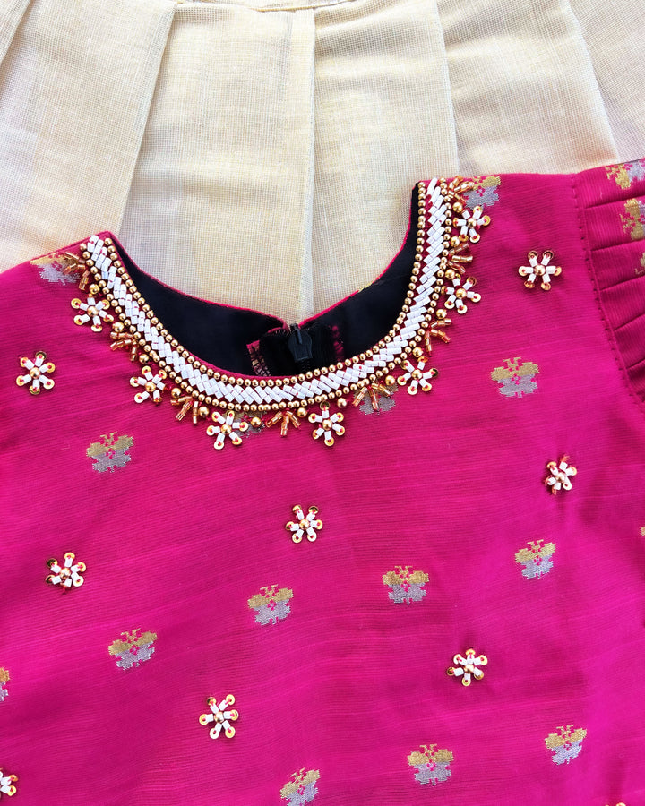 Baby girls sandal and magenta silk lehenga – Kerala Kasavu birthday dress

