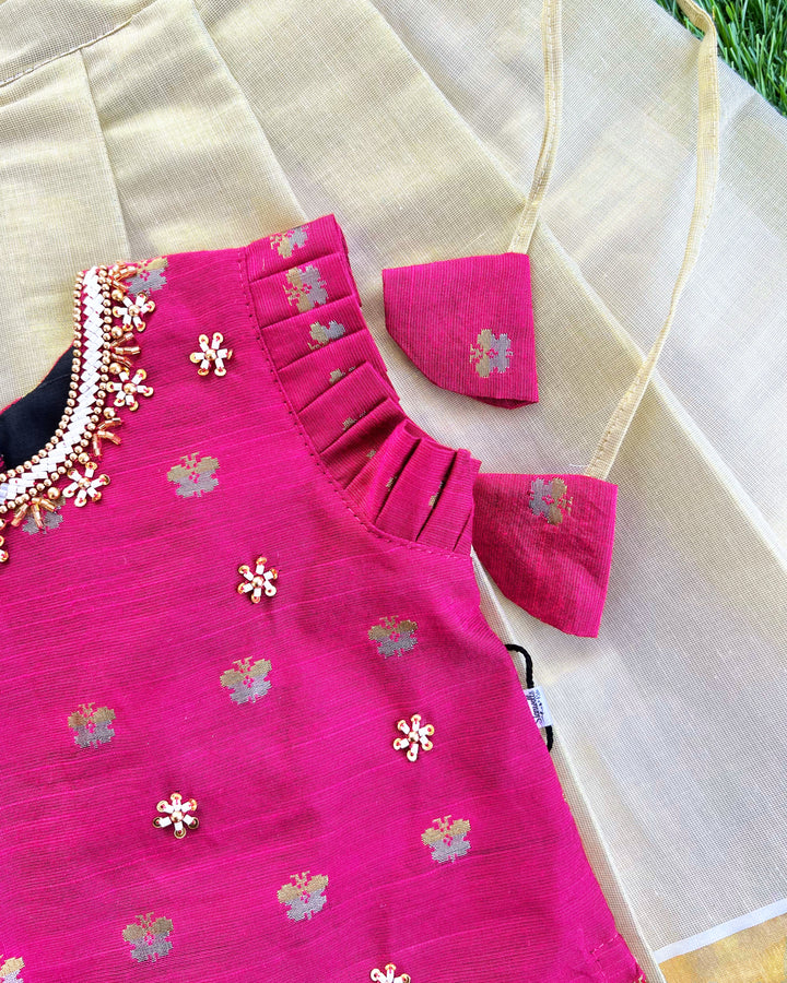 Baby girls sandal and magenta silk lehenga – Kerala Kasavu birthday dress

