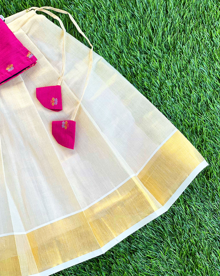 Baby girls sandal and magenta silk lehenga – Kerala Kasavu birthday dress

