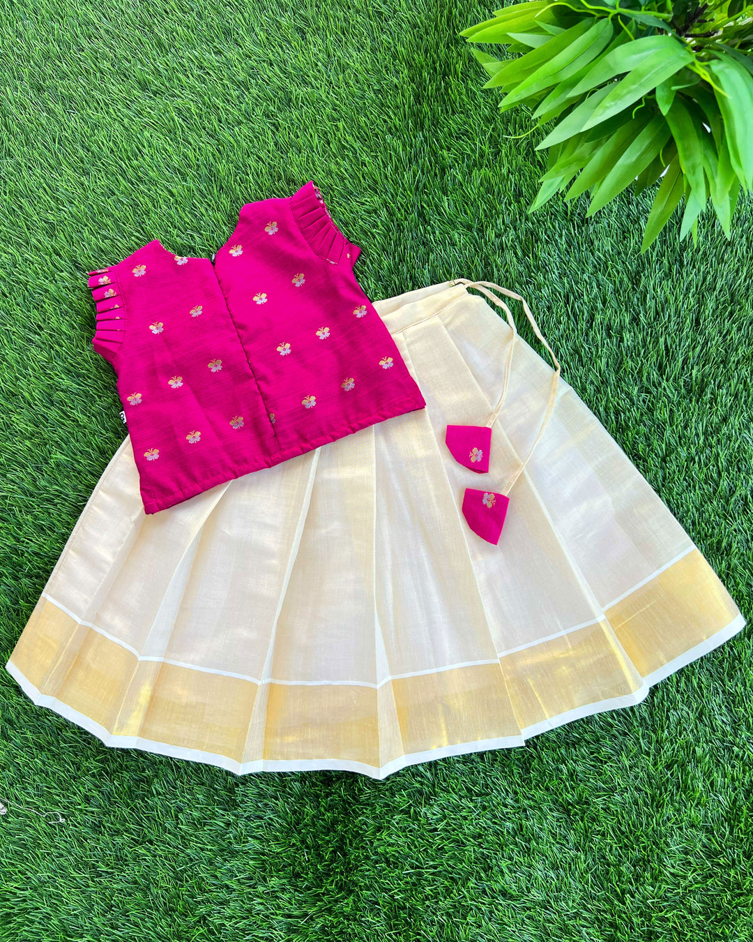 Baby girls sandal and magenta silk lehenga – Kerala Kasavu birthday dress

