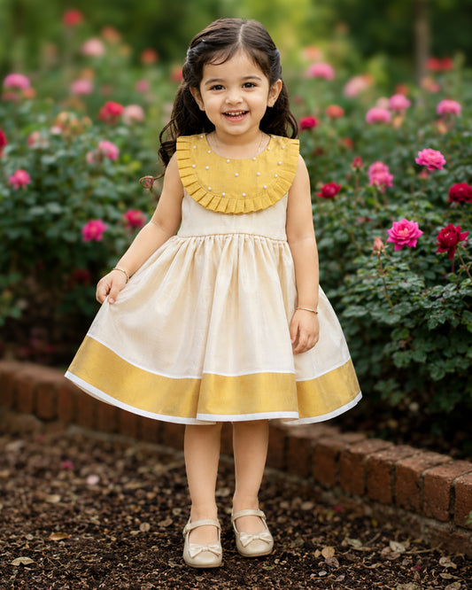 Sandal gold Onam special traditional Kerala frock for baby girl – front view, Stanwells Kids