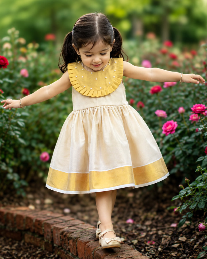 Sandal gold Onam special traditional Kerala frock for baby girl – front view, Stanwells Kids
