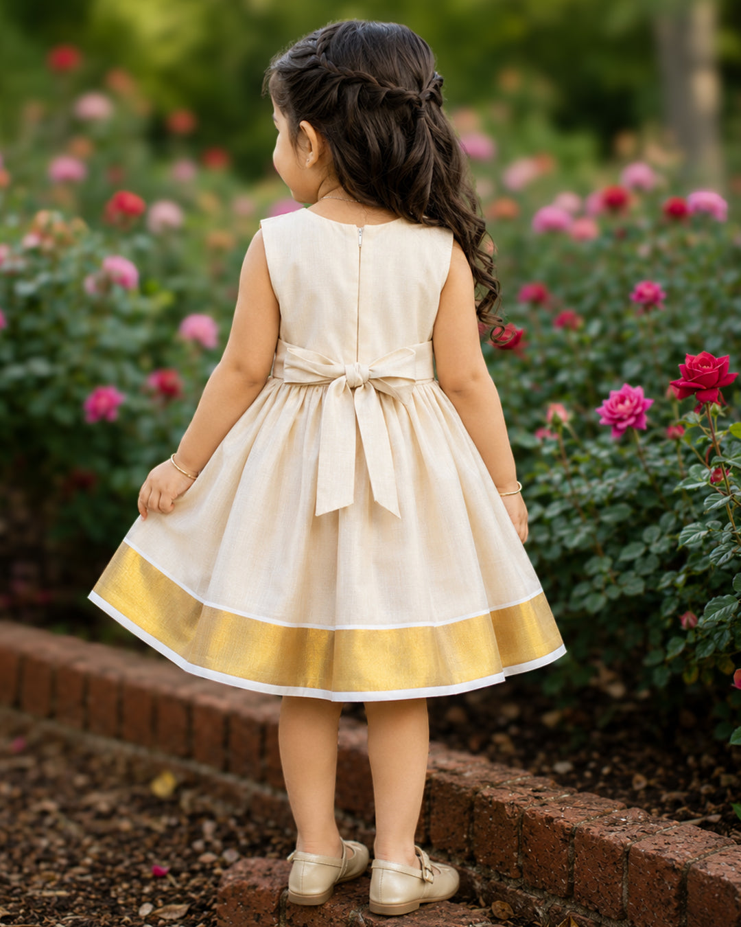 Sandal gold Onam Kerala handloom frock full look for baby girl – Stanwells Kids