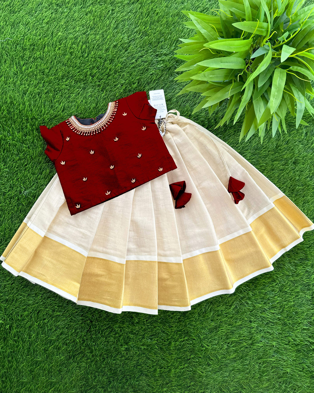 Baby girls birthday dress – golden and maroon Kerala Kasavu silk lehenga with handwork

