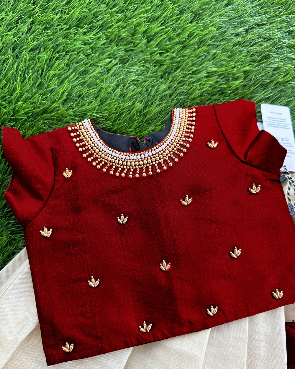 Baby girls birthday dress – golden and maroon Kerala Kasavu silk lehenga with handwork

