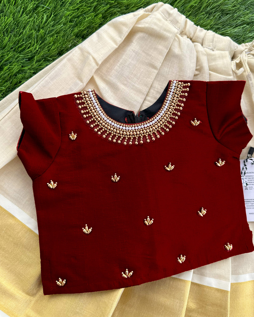 Baby girls birthday dress – golden and maroon Kerala Kasavu silk lehenga with handwork

