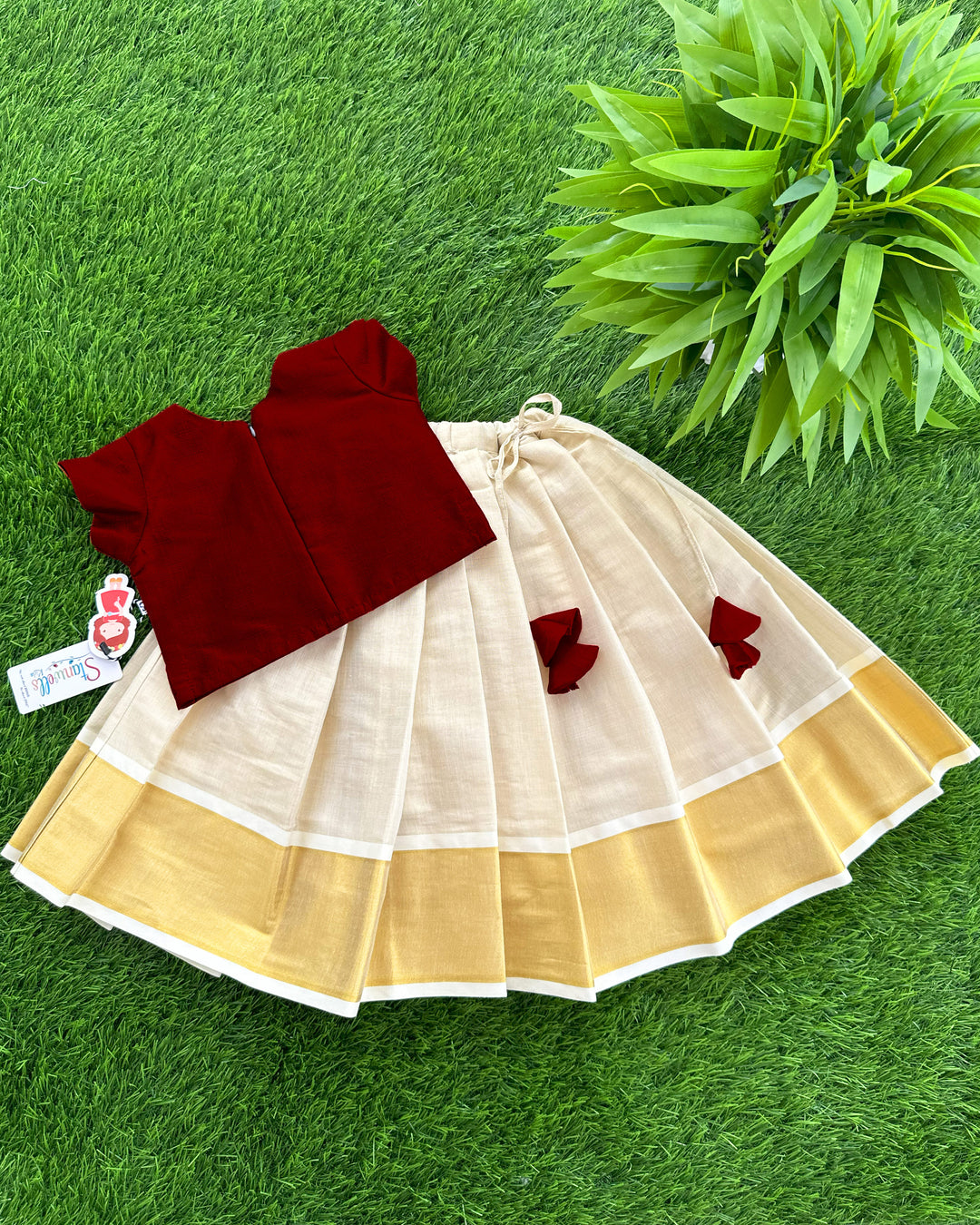 Baby girls birthday dress – golden and maroon Kerala Kasavu silk lehenga with handwork

