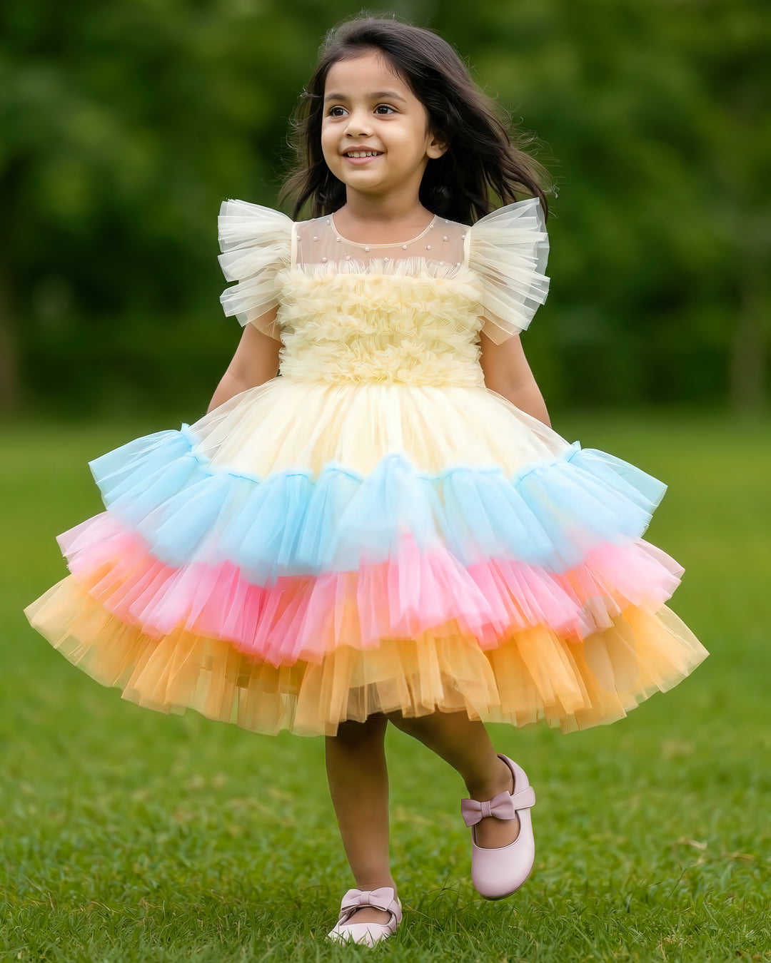 Sandal multi shade baby girl birthday dress with layered ruffles premium partywear frock for first birthday celebration photoshoot outfit