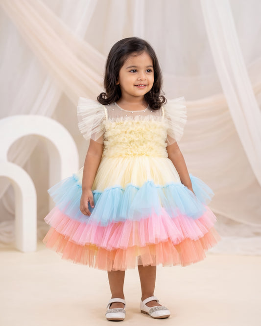 Sandal multi shade baby girl birthday dress with layered ruffles premium partywear frock for first birthday celebration photoshoot outfit