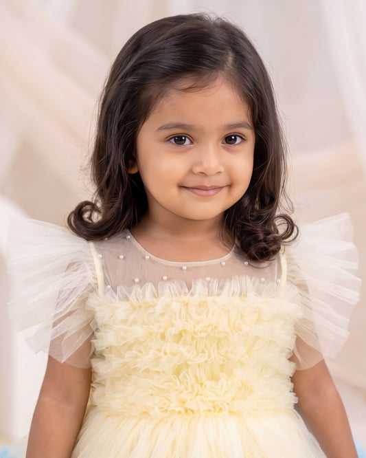 Sandal multi shade baby girl birthday dress with layered ruffles premium partywear frock for first birthday celebration photoshoot outfit
