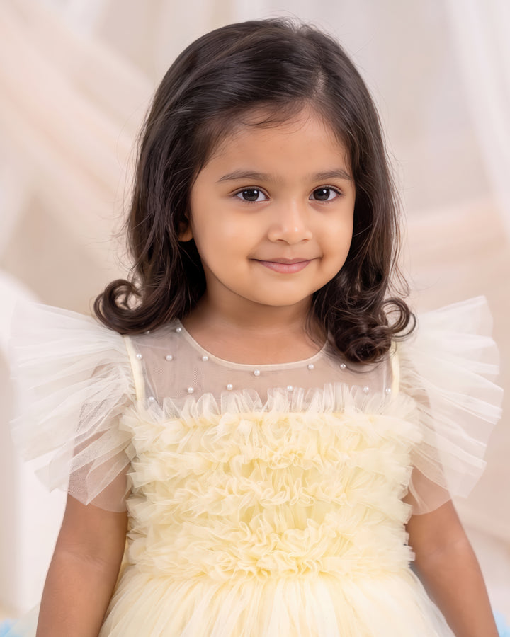 Sandal multi shade baby girl birthday dress with layered ruffles premium partywear frock for first birthday celebration photoshoot outfit