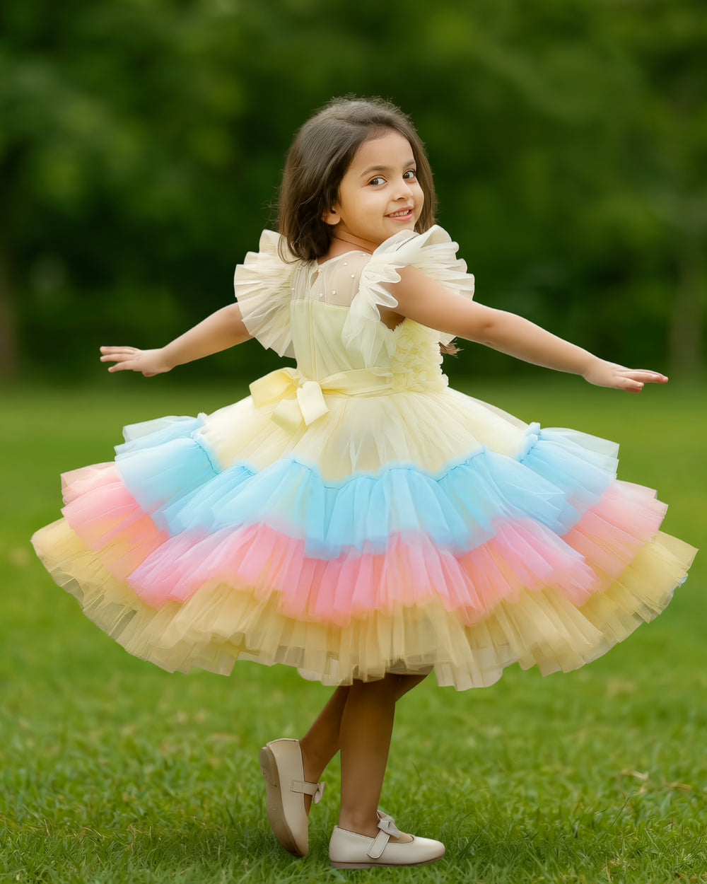 Sandal multi shade baby girl birthday dress with layered ruffles premium partywear frock for first birthday celebration photoshoot outfit