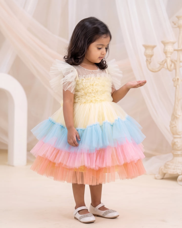 Sandal multi shade baby girl birthday dress with layered ruffles premium partywear frock for first birthday celebration photoshoot outfit