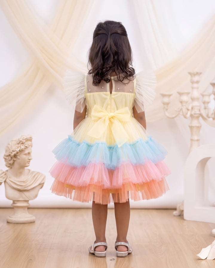 Sandal multi shade baby girl birthday dress with layered ruffles premium partywear frock for first birthday celebration photoshoot outfit