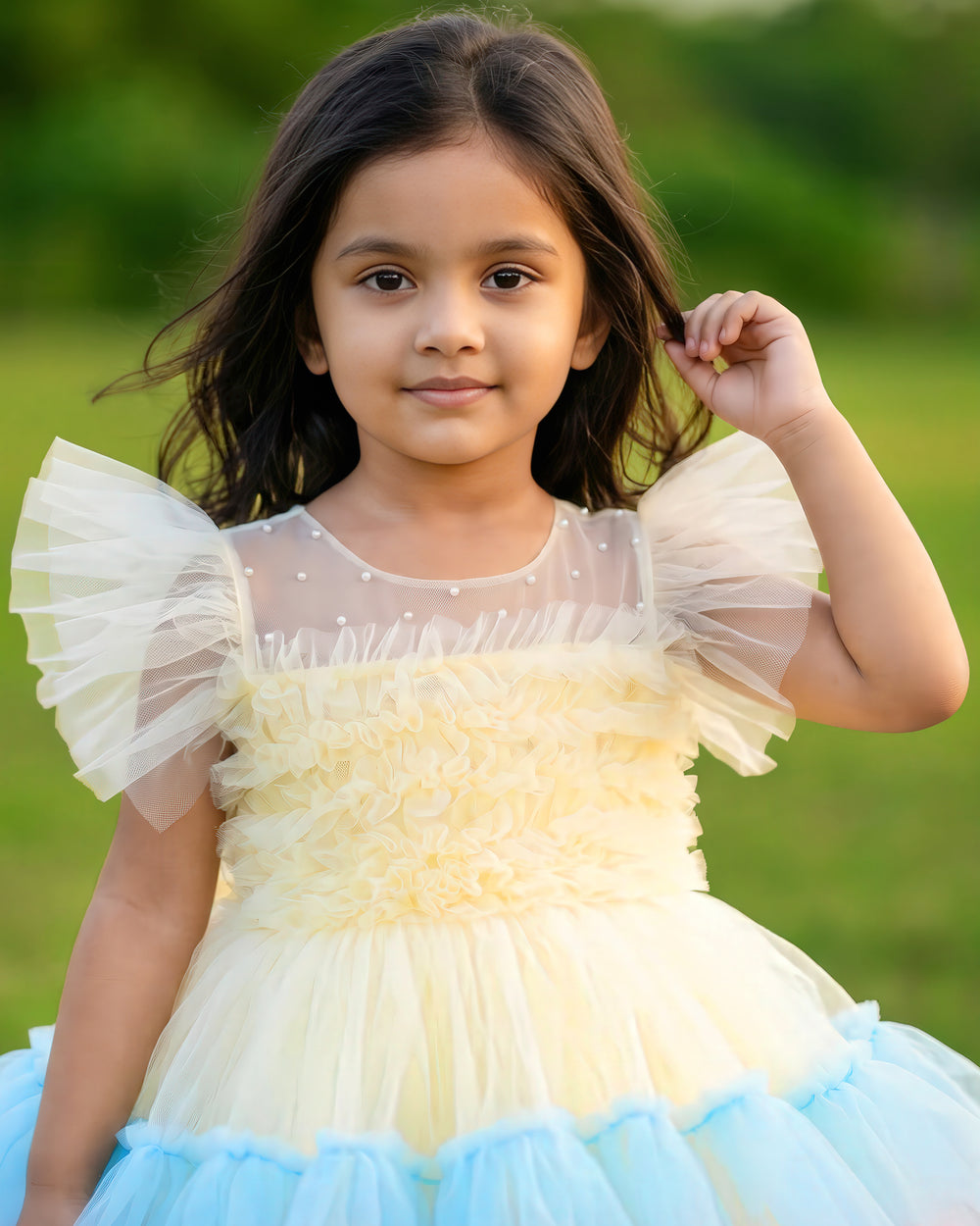 Sandal multi shade baby girl birthday dress with layered ruffles premium partywear frock for first birthday celebration photoshoot outfit