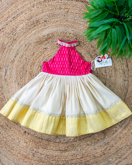Sandal and pink combo traditional halter neck Kerala frock for baby girl – front view, Stanwells Kids