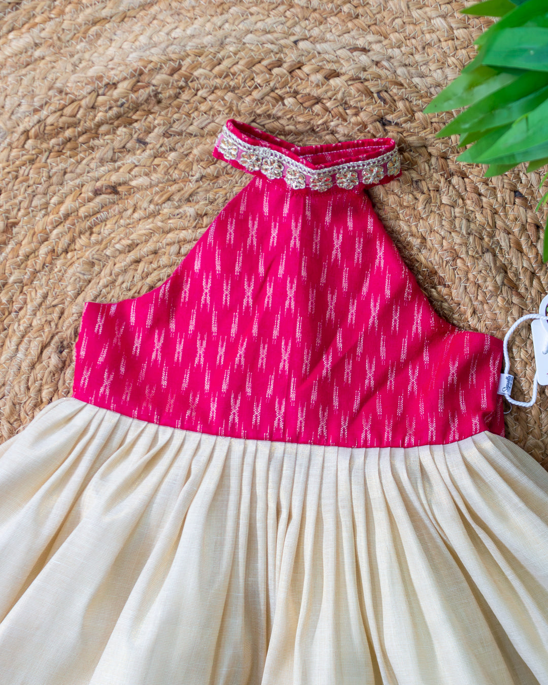 Lace halter neck with bead work detail on sandal pink Kerala traditional frock – Stanwells Kids