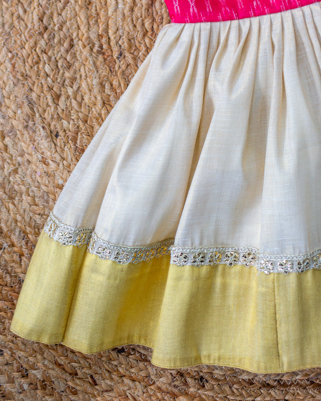Golden accents on sandal pink combo halter neck Kerala Onam frock for girls – Stanwells Kids