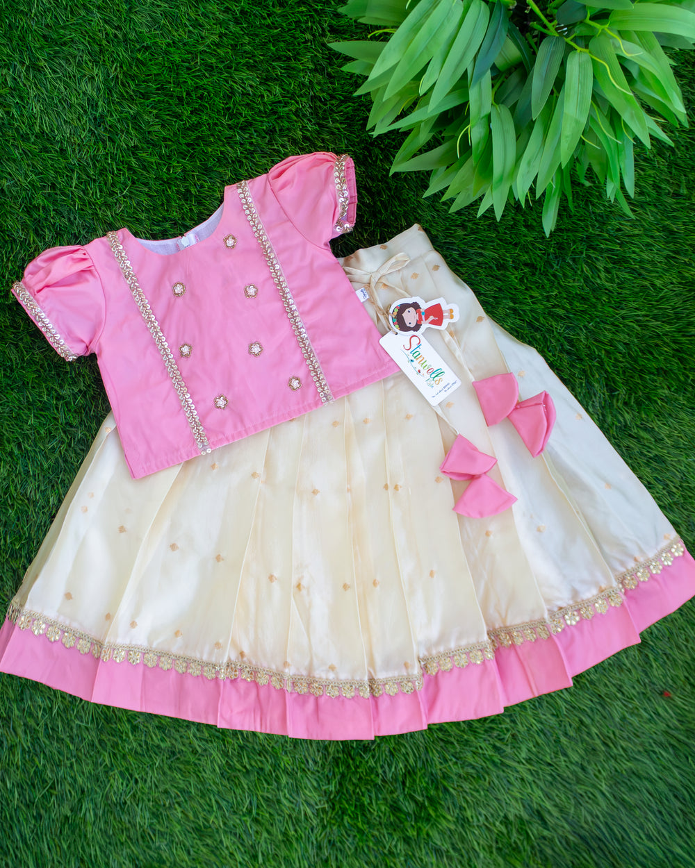 Sandal and pink silk traditional handwork lehenga choli for baby girl – front view, Stanwells Kids