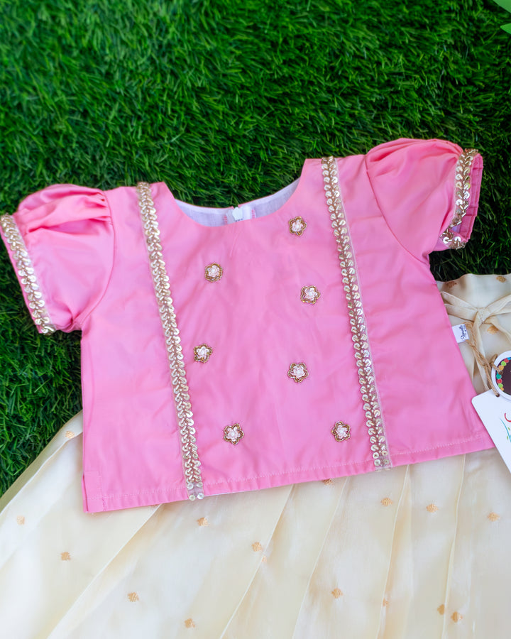 Intricate handwork detailing on sandal pink silk Kerala Onam lehenga choli – Stanwells Kids