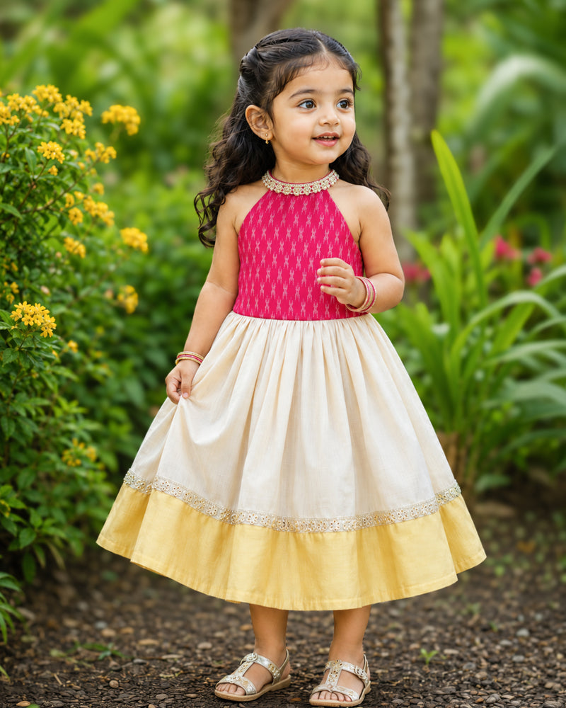 Sandal & Pink Combo Traditional Halter Neck Kerala Frock for Baby Girl – Stanwells Kids
